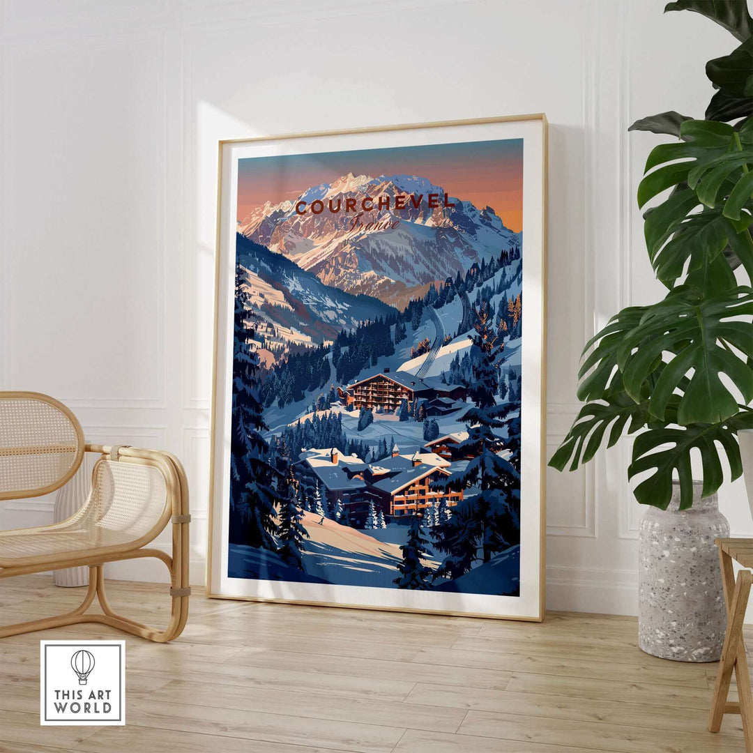 Courchevel travel poster showcasing stunning ski slopes and mountains in France, perfect for ski enthusiasts and art lovers.