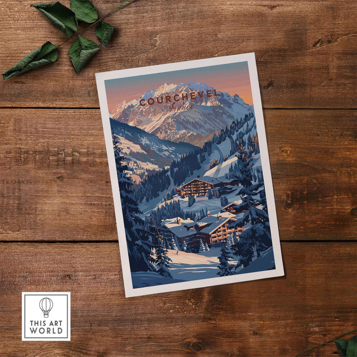 Courchevel travel poster showcasing stunning ski slopes and mountain scenery in France, perfect for ski enthusiasts.