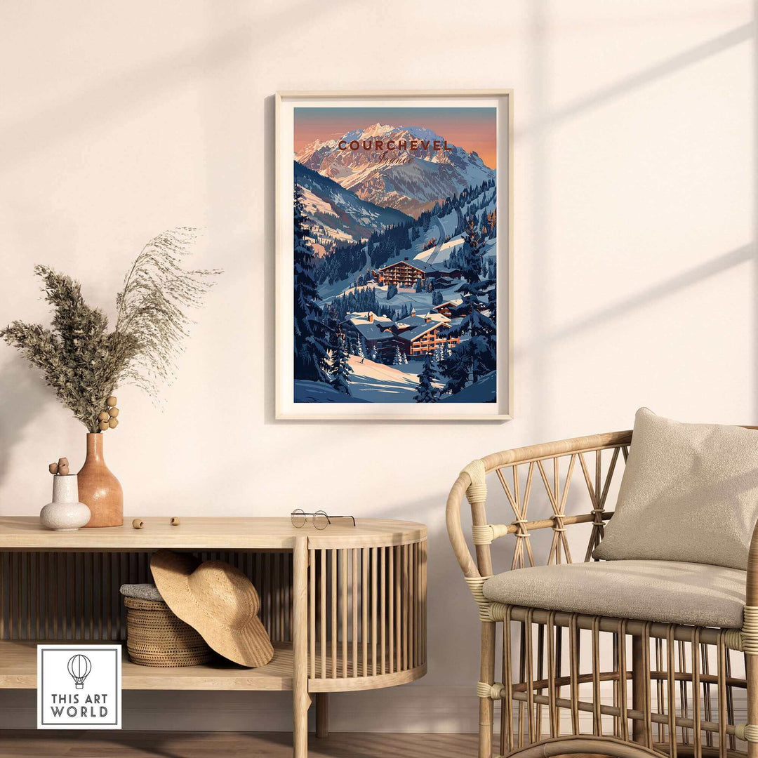 Courchevel travel poster framed on wall, showcasing stunning ski slopes and mountains in France, ideal for ski enthusiasts.