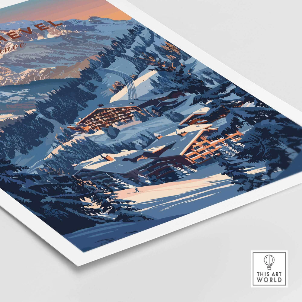 Courchevel travel poster featuring ski slopes and mountain scenery in France, perfect for ski enthusiasts and home decor.