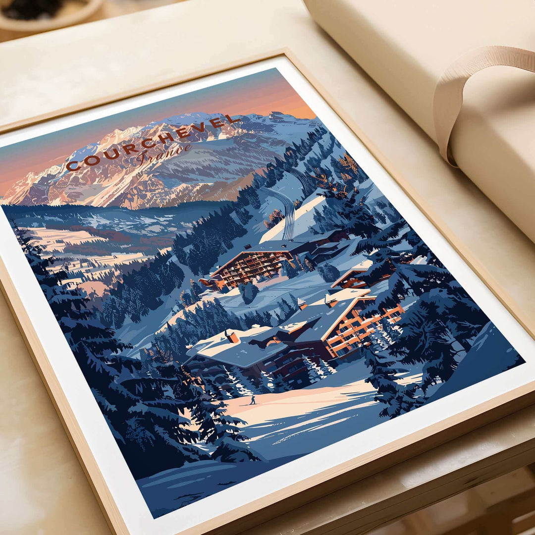 Courchevel travel poster showcasing stunning ski slopes and mountain scenery in France, perfect for ski enthusiasts.