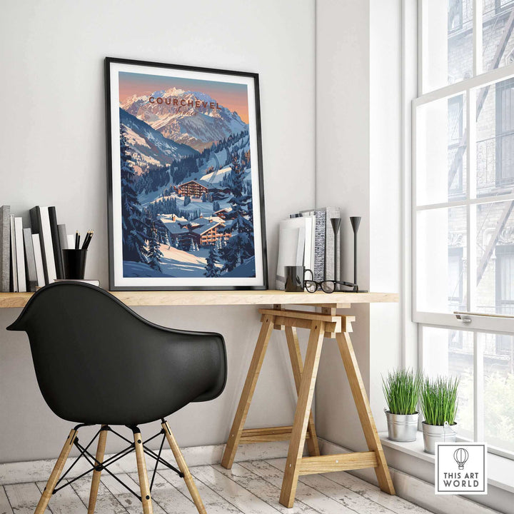 Courchevel travel poster displayed in a modern interior, showcasing stunning ski slopes in France. Perfect for ski lovers.