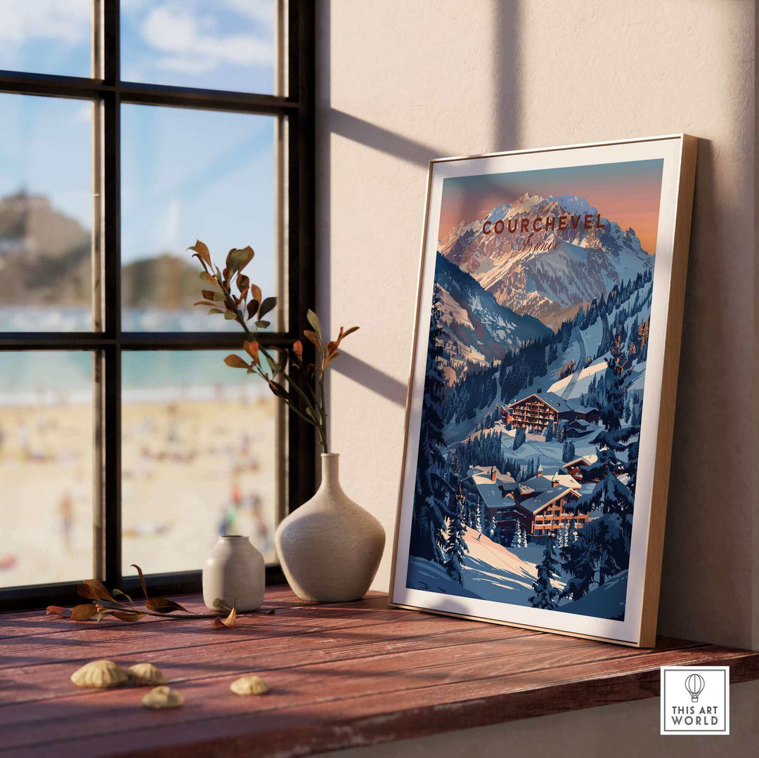 Courchevel travel poster displayed by a window, showcasing stunning ski slopes and mountain scenery in France.