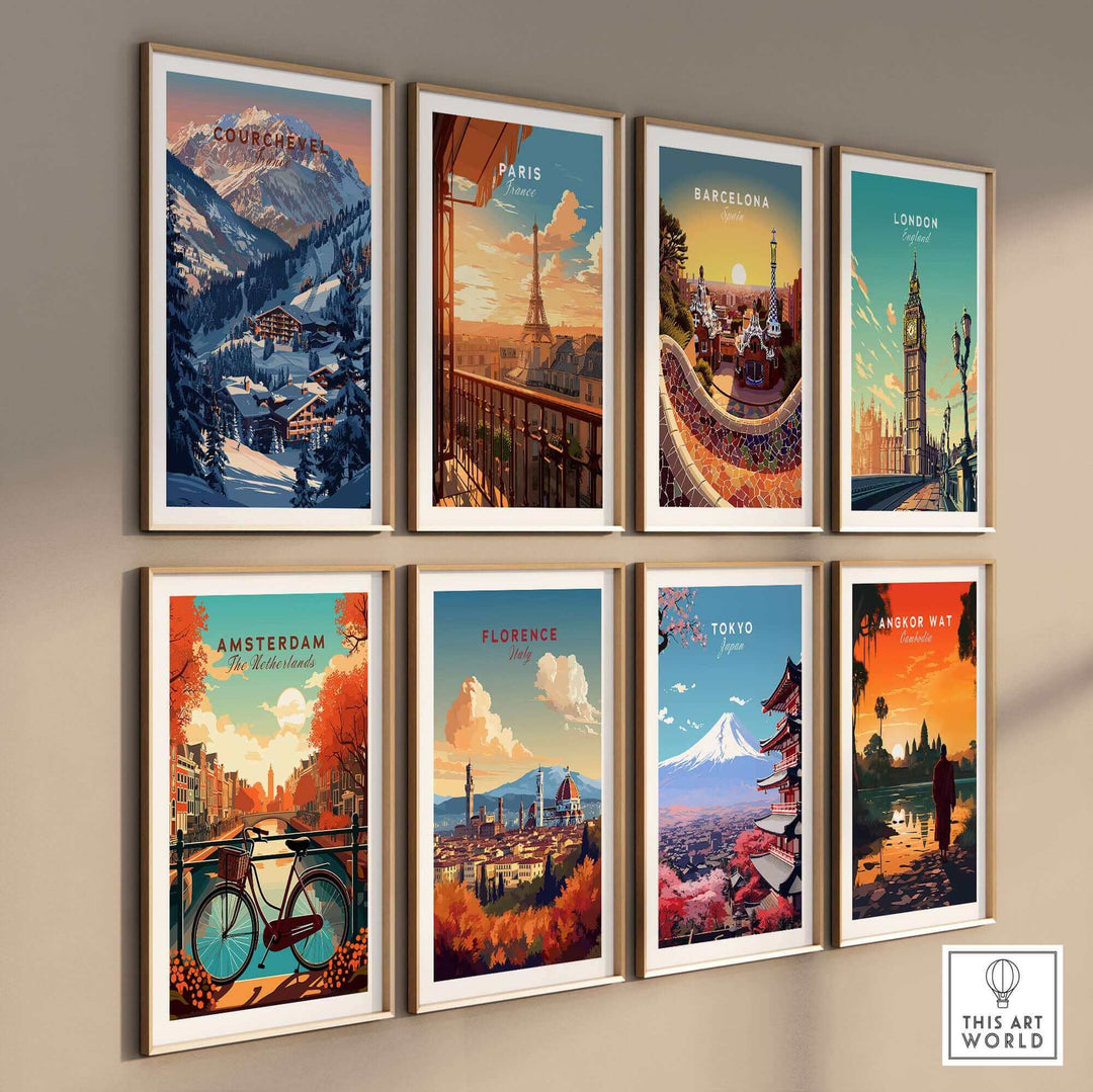 Collection of travel posters featuring Courchevel, Paris, Barcelona, and more, showcasing iconic landmarks and landscapes.