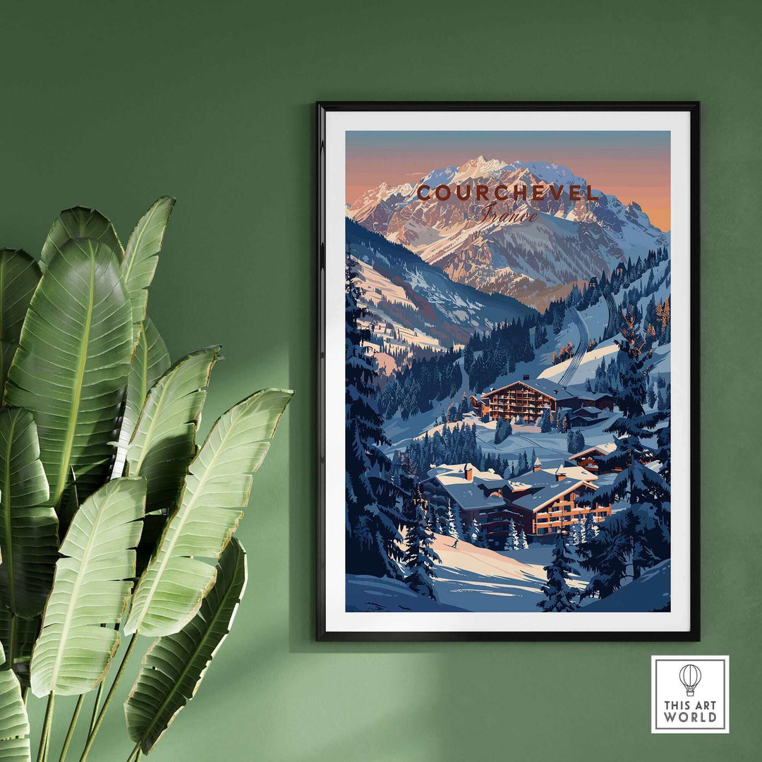 Courchevel travel poster showcasing snowy mountain slopes and chalets, framed on a green wall with plants.