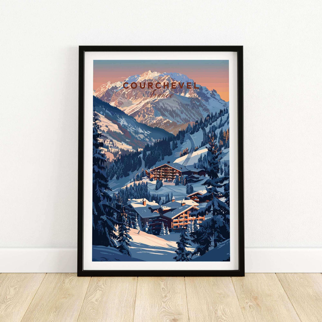 Courchevel travel poster featuring ski slopes and mountain scenery in France, perfect for ski enthusiasts and decor lovers.