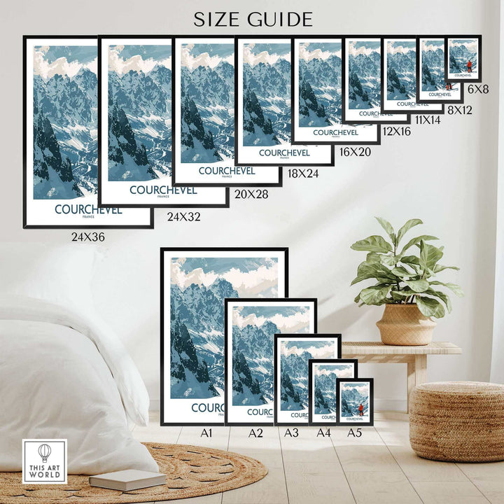 Courchevel wall art size guide showing multiple framed print options in various dimensions displayed in a bedroom setting.