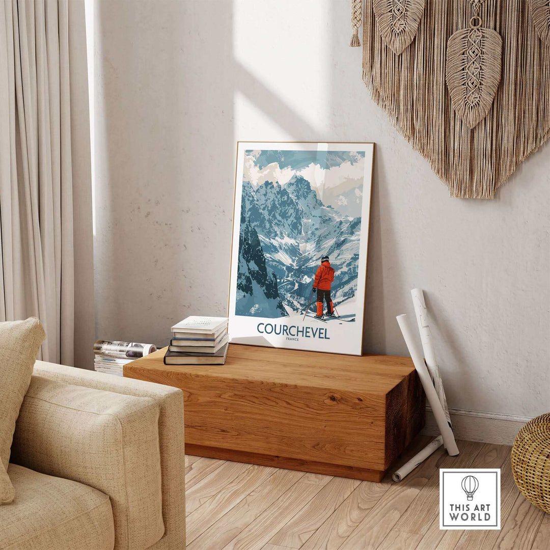 Wall art featuring Courchevel mountain scene with skier, displayed in a cozy living room setting with natural decor accents.