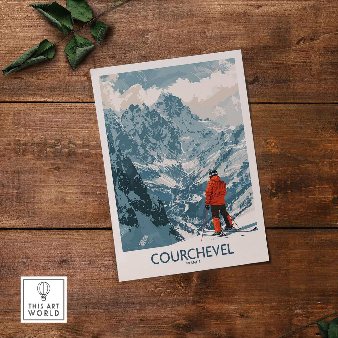 Courchevel wall art featuring a skier in a red jacket with a snowy mountain landscape, on a rustic wooden background.