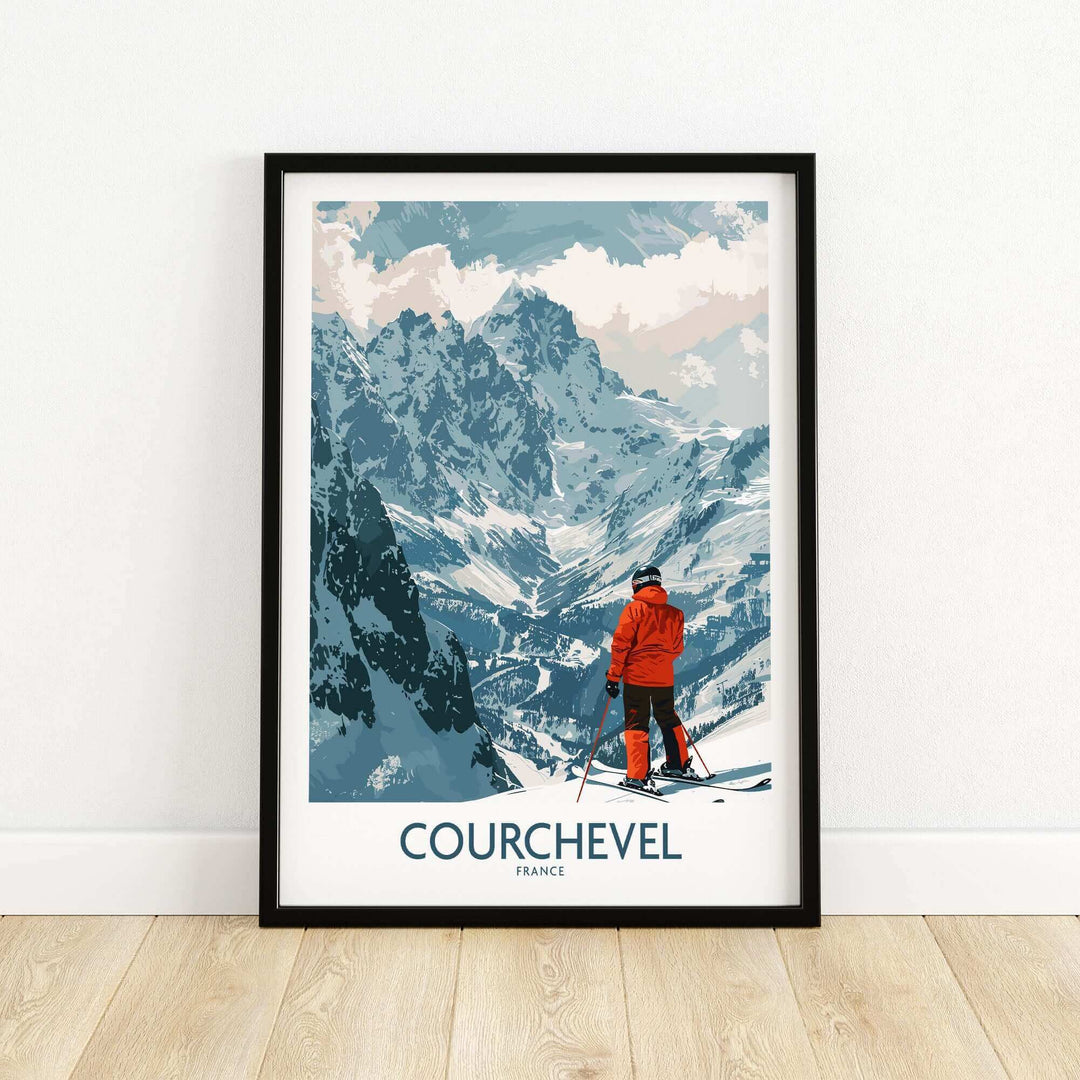 Ski-themed Courchevel wall art featuring a skier and snowy mountain landscape in a modern frame.