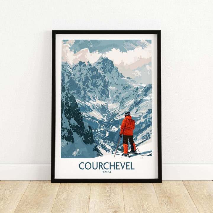 Ski-themed Courchevel wall art featuring a skier and snowy mountain landscape in a modern frame.