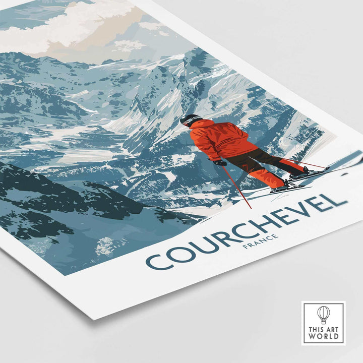 Courchevel wall art print featuring a skier in red against a snowy mountain backdrop in France.