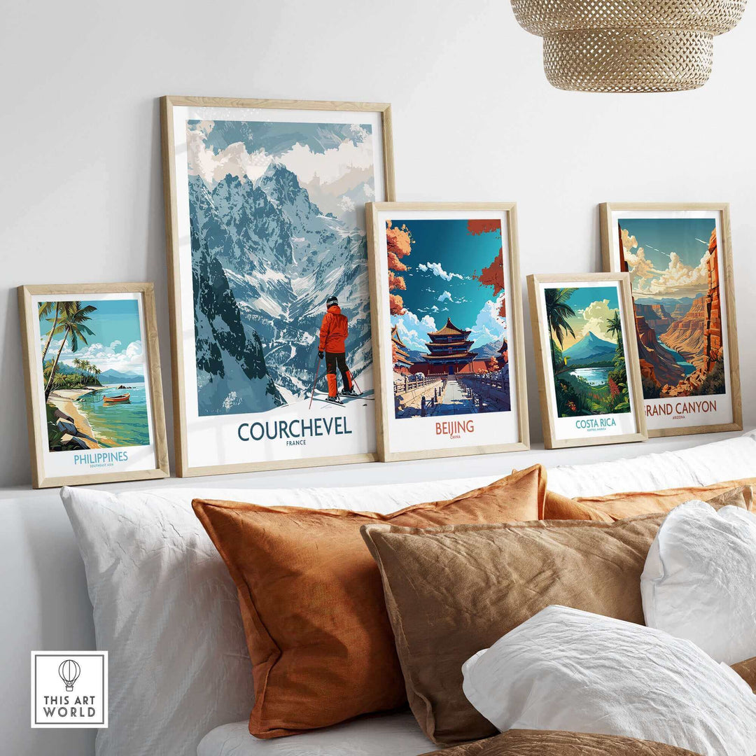 Modern living room with framed Courchevel wall art alongside travel posters of Beijing, Philippines, Costa Rica, and Grand Canyon.