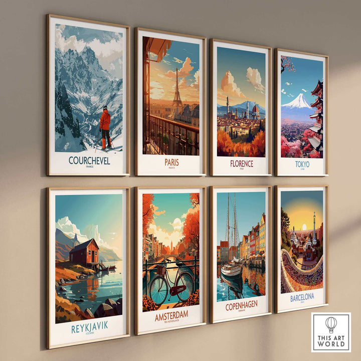 Stunning travel-themed wall art collection featuring Courchevel, Paris, Florence, Tokyo, Reykjavik, Amsterdam, Copenhagen, and Barcelona.