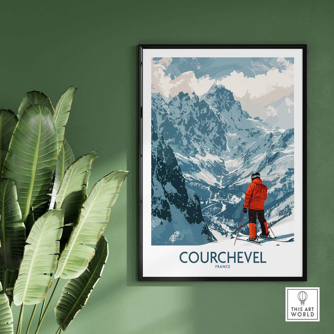 Courchevel wall art featuring skier in red on snowy mountain, framed on green wall with plants, perfect for ski enthusiasts.