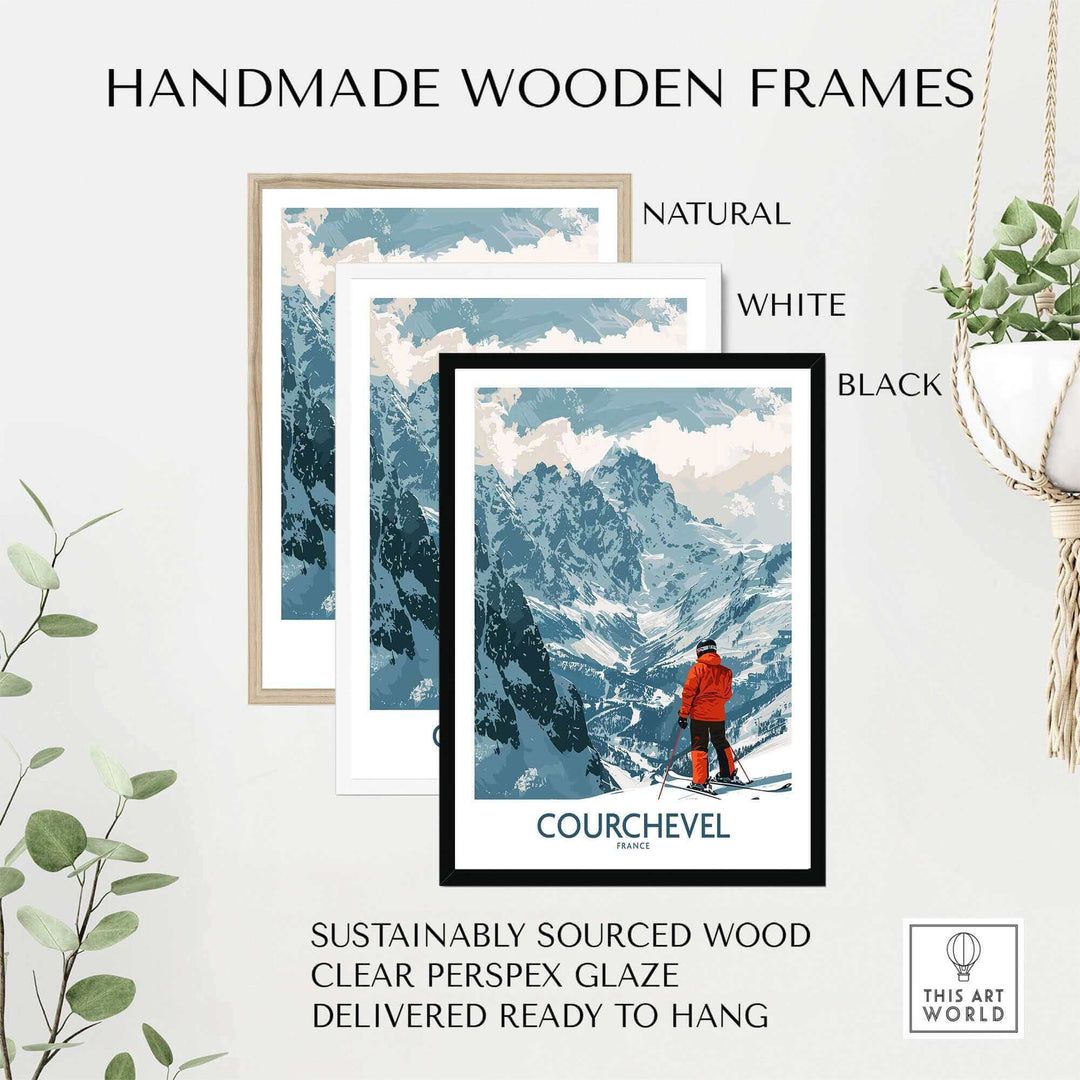 Courchevel wall art in handmade wooden frames with skier on mountain, available in natural, white, and black; eco-friendly and ready to hang.