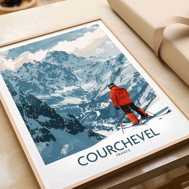 Scenic Courchevel wall art featuring a skier in red against snowy mountains, perfect for adding a touch of adventure to your decor.