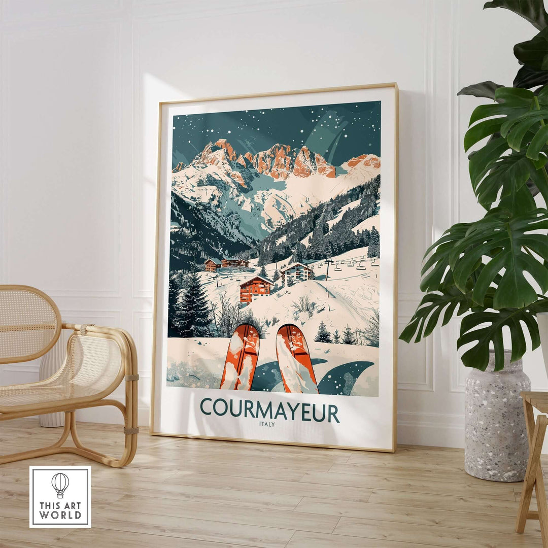 Courmayeur Italy ski poster with snowy mountain landscape, ski equipment, and chalet. Decor inspiration with winter theme.