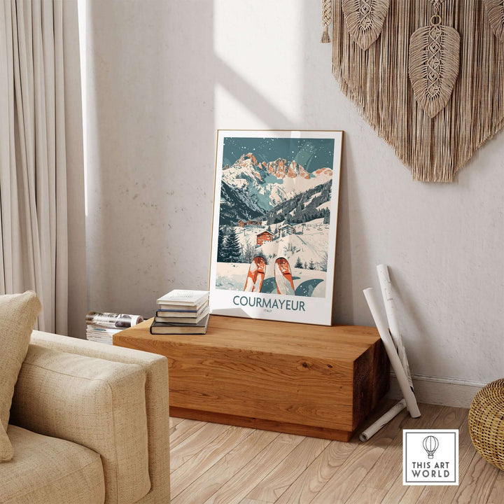 Courmayeur ski poster with Italian Alps print displayed in a cozy room setting with wooden accents and soft furnishings.