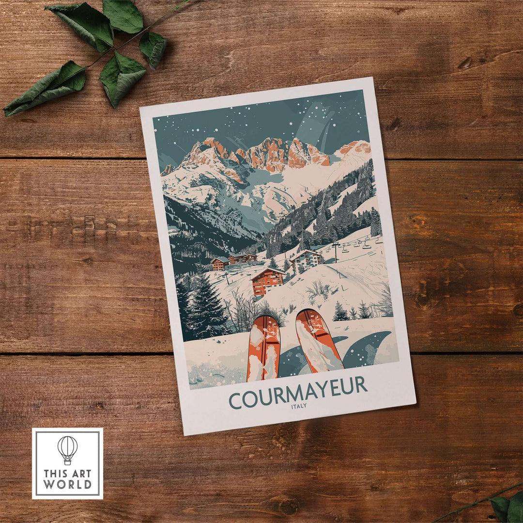 Ski poster featuring Courmayeur, Italy, with snowy mountains and wooden chalets, perfect for interior decor and travel enthusiasts.