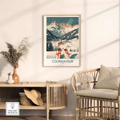 Vintage Courmayeur ski poster featuring snowy Italian Alps, displayed on a wall in a cozy interior setting.