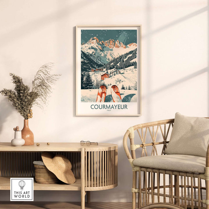 Vintage Courmayeur ski poster featuring snowy Italian Alps, displayed on a wall in a cozy interior setting.