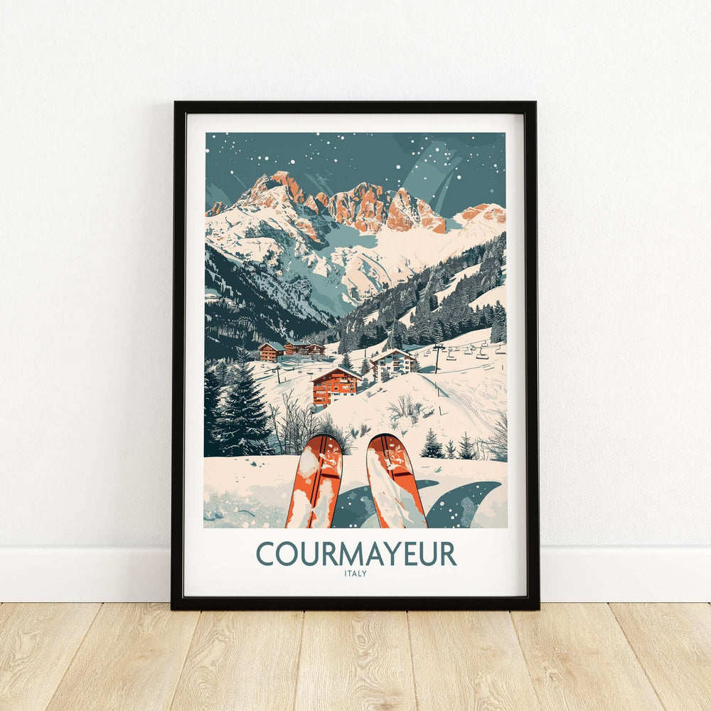 Vintage-style Courmayeur ski poster featuring snowy Italian Alps with skis in the foreground. Perfect for winter sports enthusiasts.