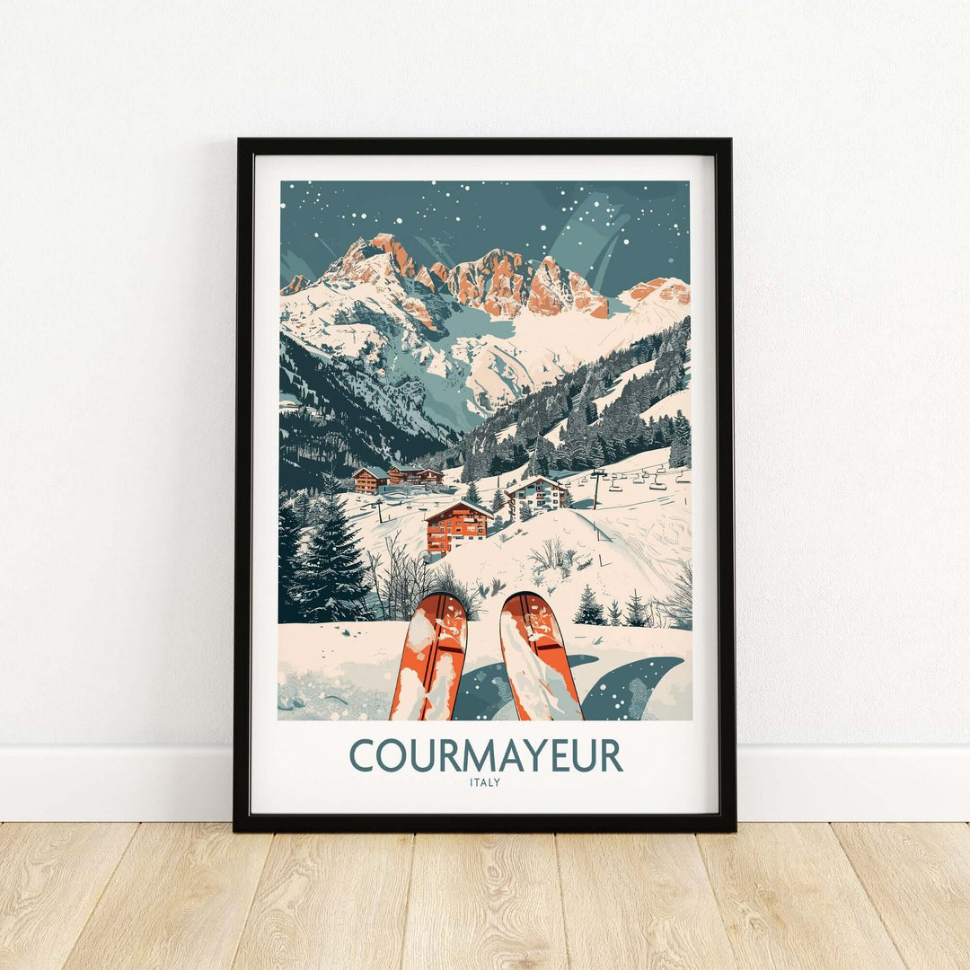 Vintage-style Courmayeur ski poster featuring snowy Italian Alps with skis in the foreground. Perfect for winter sports enthusiasts.