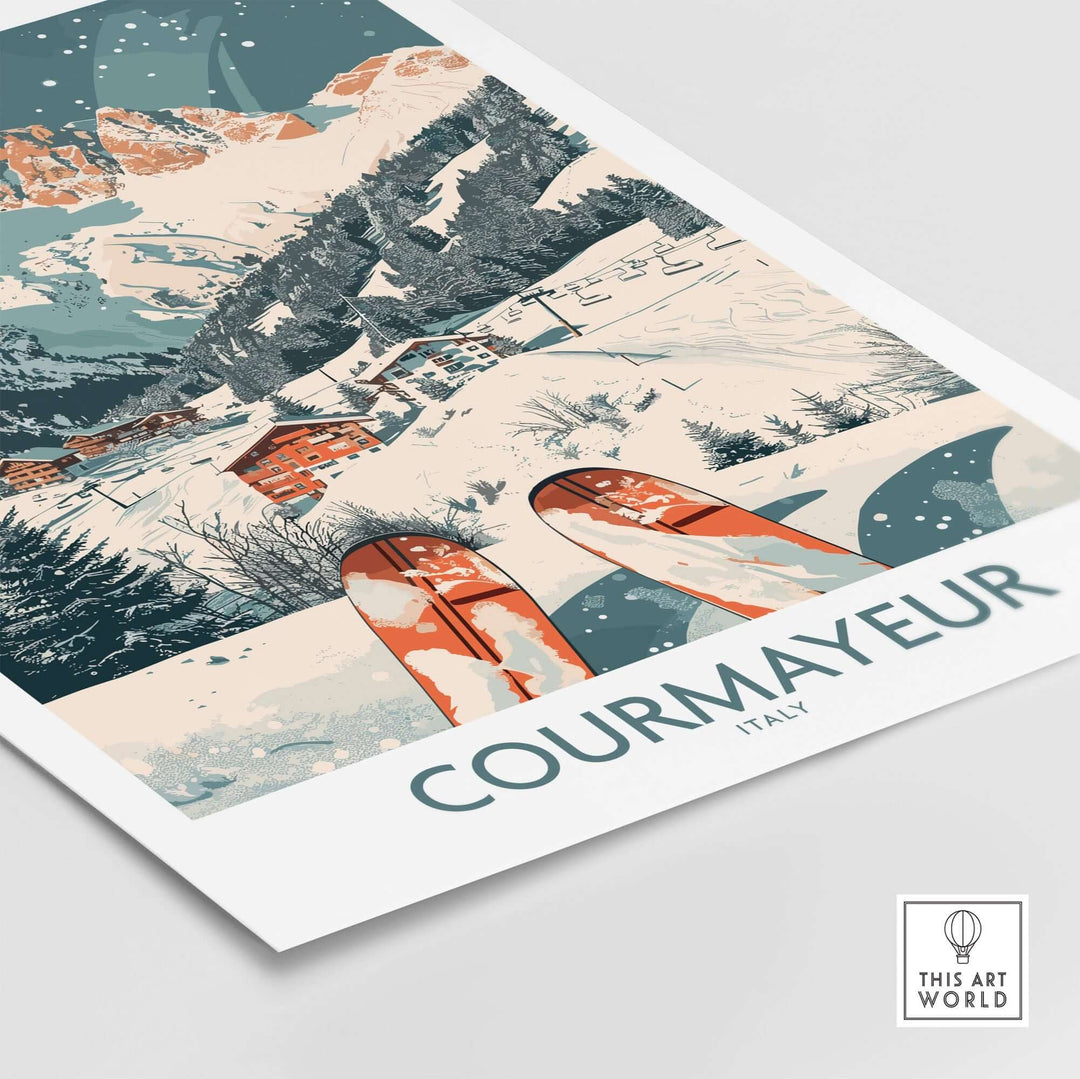 Vintage ski poster of Courmayeur, Italy, featuring snowy mountains and skis, ideal wall art for ski enthusiasts.