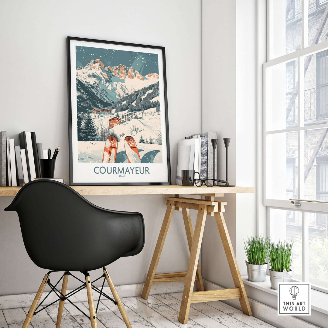 Stylish home office with Courmayeur ski poster on desk, featuring a scenic Italian mountain landscape.