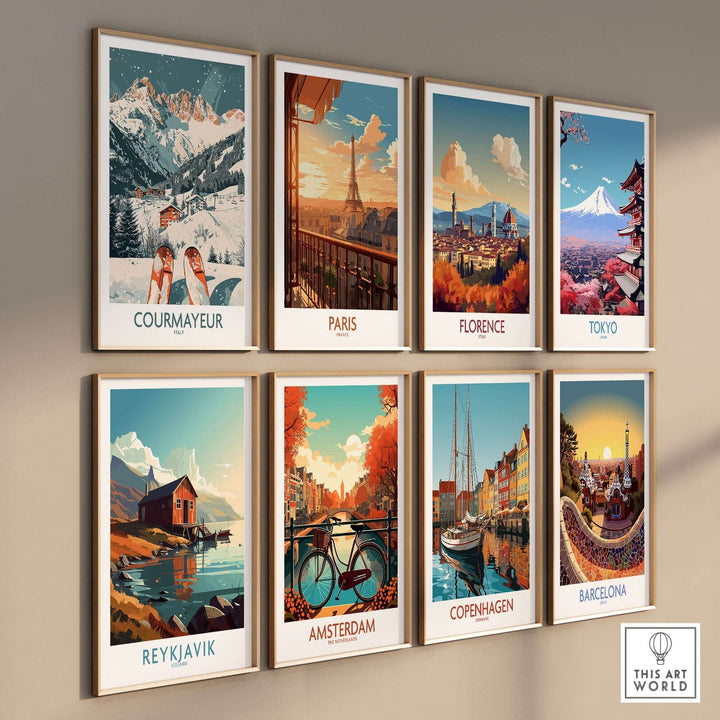 Collection of travel posters featuring Courmayeur ski poster, Paris, Florence, Tokyo, Reykjavik, Amsterdam, Copenhagen, and Barcelona.