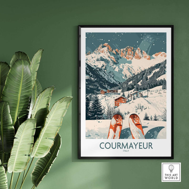 Ski poster of Courmayeur, Italy with snowy mountains and skis in foreground, perfect for winter sports enthusiasts.