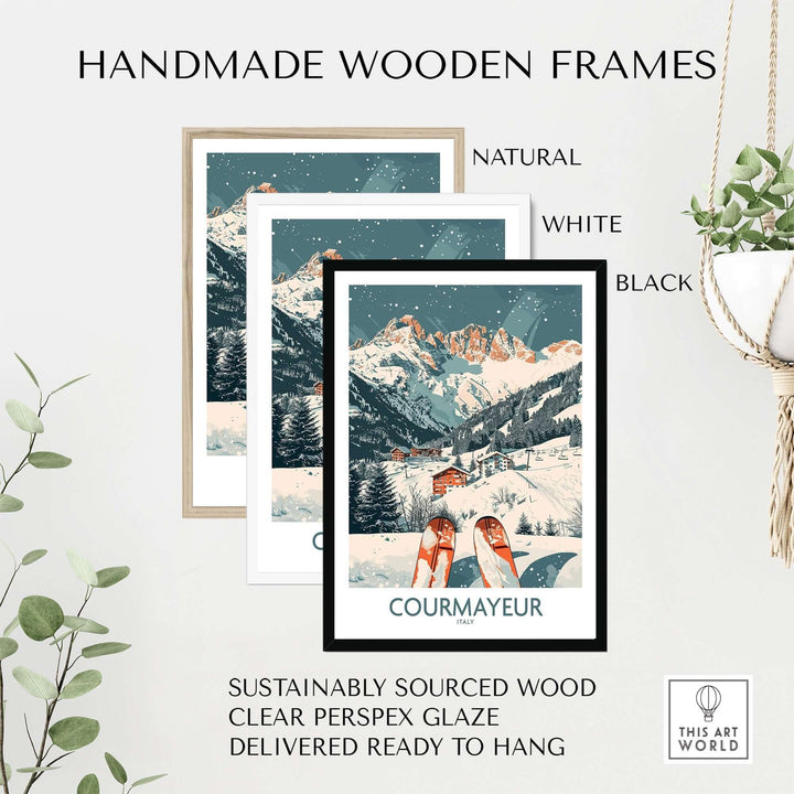 Courmayeur Italy ski poster in handmade wooden frames, natural, white, black options, sustainable wood, ready to hang.