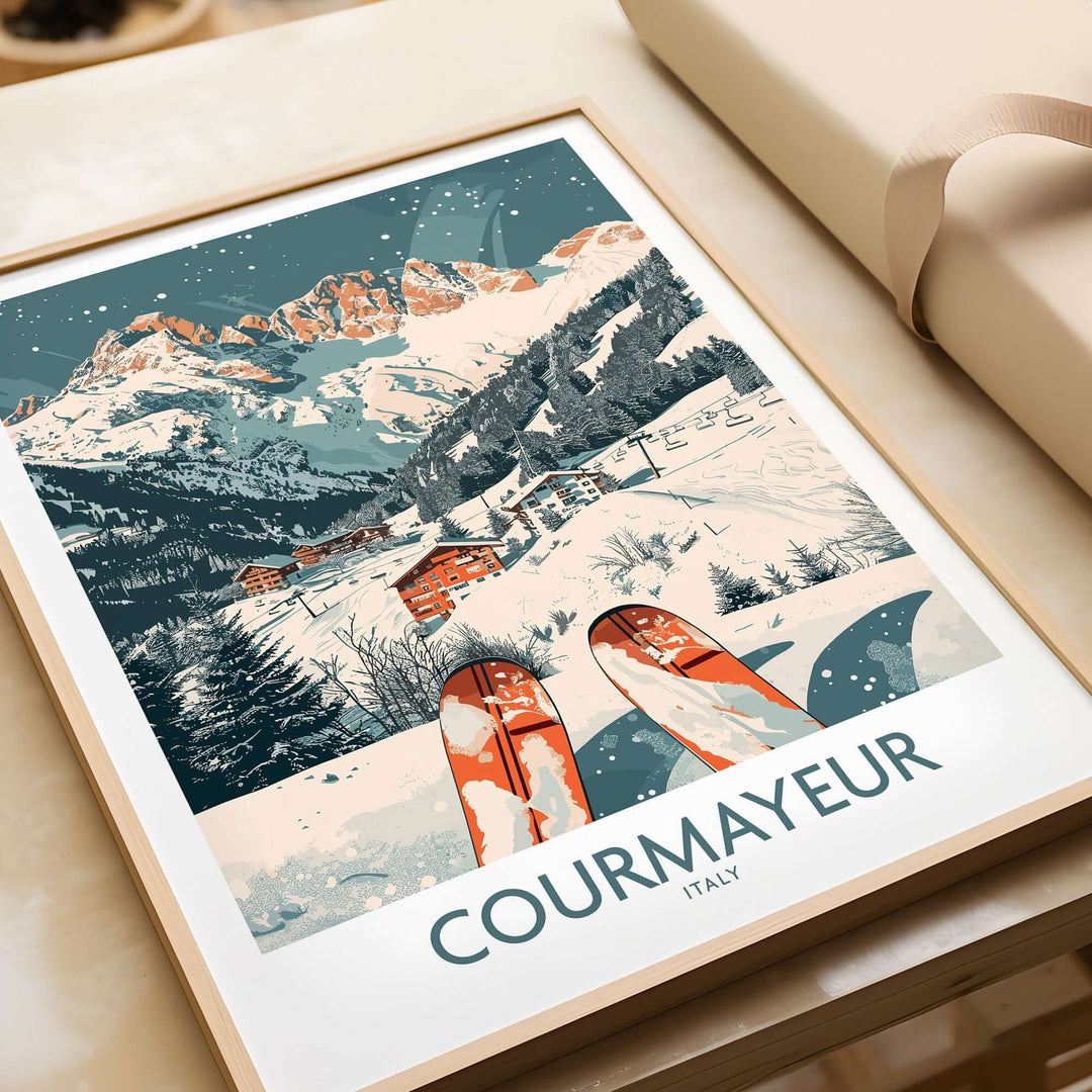 Vintage Courmayeur ski poster featuring Italian Alps mountain landscape in winter, perfect for ski enthusiasts and decor lovers.