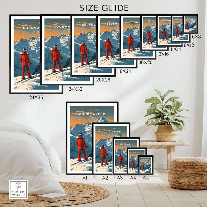 Courmayeur Ski Poster in various sizes displayed in a room setting, highlighting the snowy Italian Alps and a skier in red.