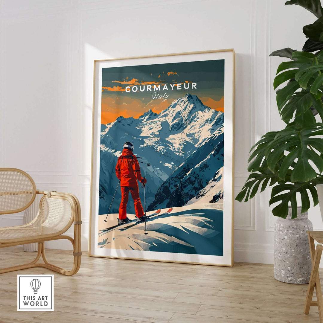 Courmayeur ski poster featuring skier on snowy mountain in Italy, framed in modern interior.