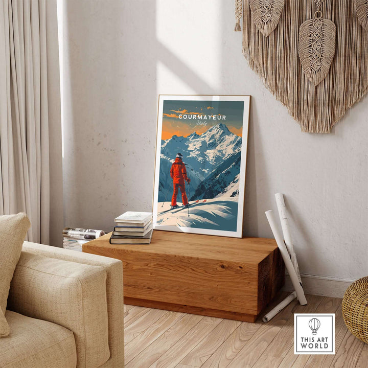 Courmayeur ski poster with vibrant colors, featuring a skier in red amidst the Italian Alps, showcased in a stylish living room.