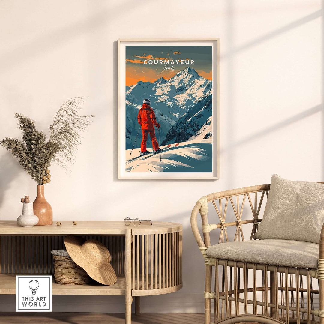 Courmayeur Ski Poster featuring a skier in red against the snowy Italian Alps, displayed in a stylish living room.