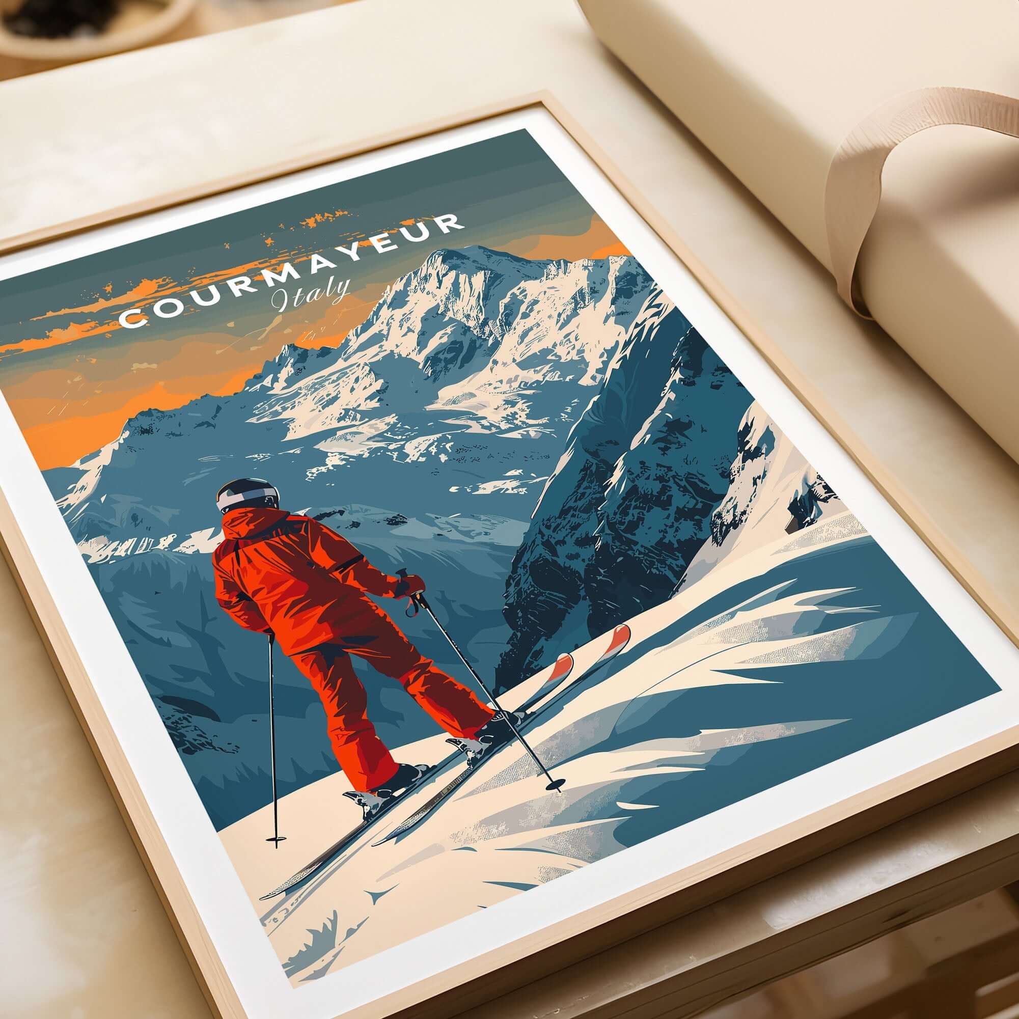 Vintage-style Courmayeur Italy ski poster with skier on snowy mountain slope.