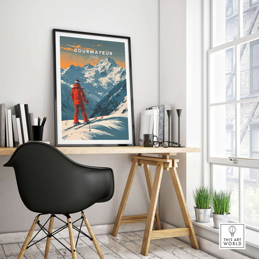 Courmayeur ski poster in a stylish office, featuring a skier and mountains in Italy; modern decor with window view.