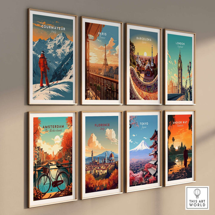 Gallery wall featuring travel posters of Courmayeur, Paris, Barcelona, London, Amsterdam, Florence, Tokyo, and Angkor Wat.