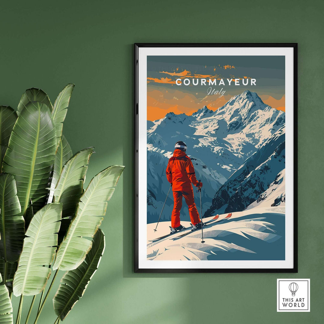 Vintage Courmayeur Italy ski poster featuring a skier in red with snow-covered mountains, framed and displayed next to green plants.