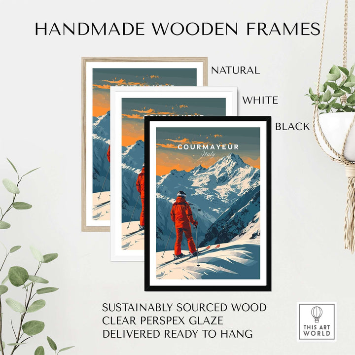 Courmayeur Ski Poster in handmade wooden frames, Italy, with sustainably sourced wood and clear perspex glaze, ready to hang.