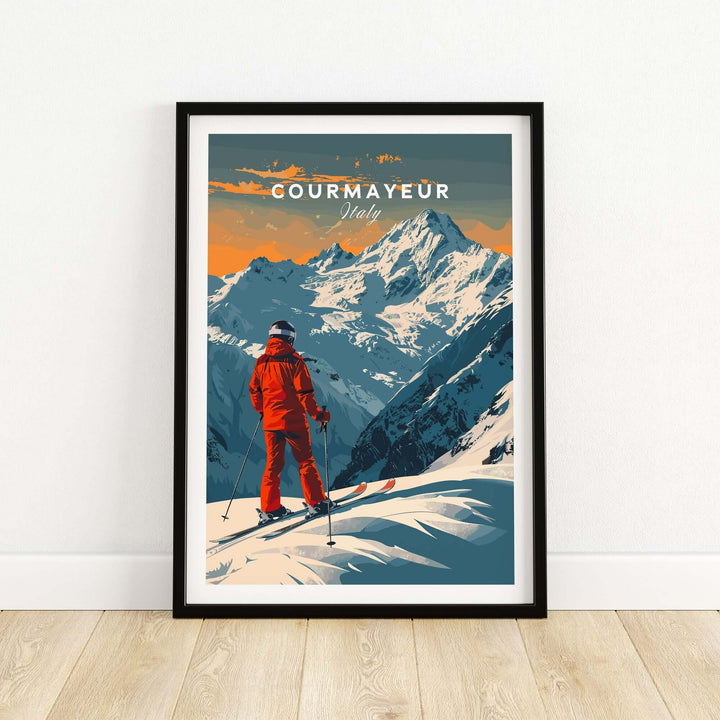 Courmayeur Ski Poster featuring skier in red gear overlooking snowy Italian Alps.