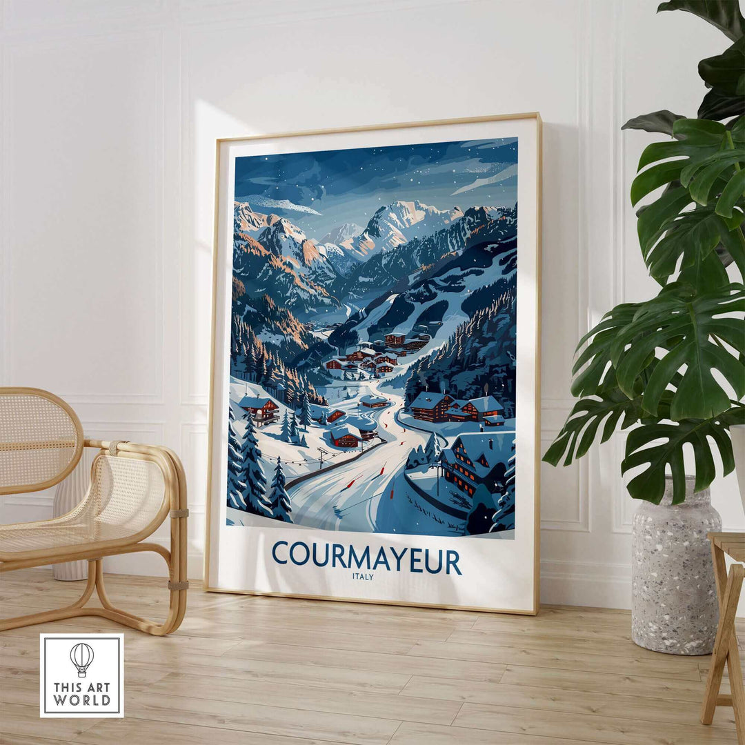 Courmayeur Ski Print artwork showcasing snowy mountains and charming chalets in Italy, perfect for ski enthusiasts' home decor.