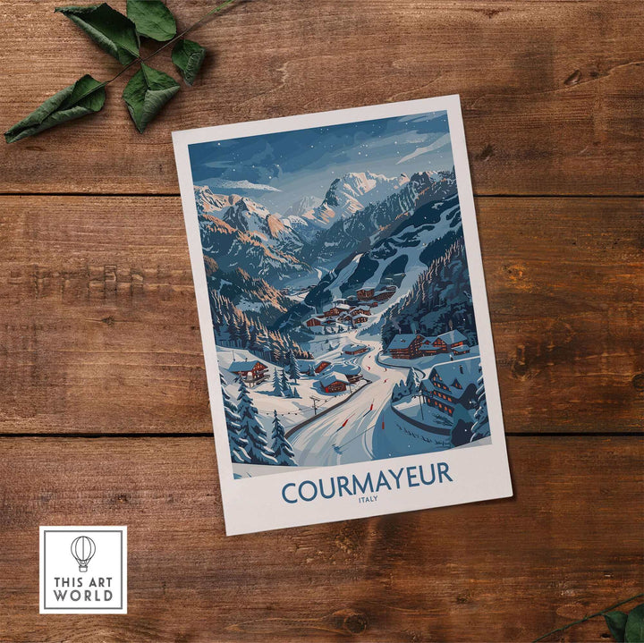 Courmayeur Ski Print showcasing snowy mountains and charming village in Italy, perfect for ski enthusiasts' home decor.