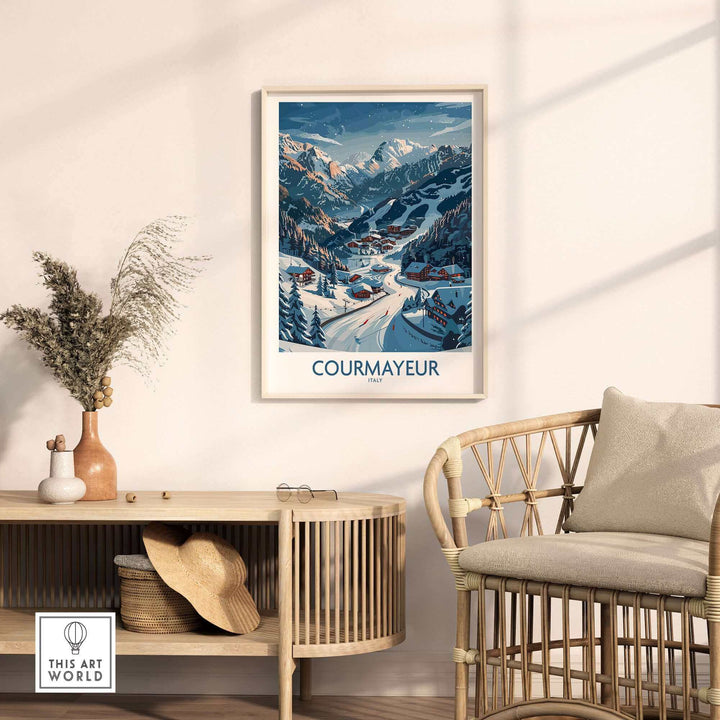 Courmayeur ski print artwork displayed in a cozy room, showcasing stunning winter landscapes and vibrant colors.