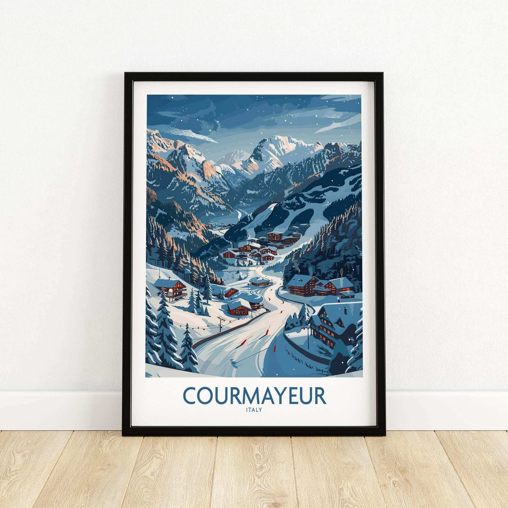 Courmayeur ski print showcasing a winter landscape in Italy, featuring mountains, snow, and charming village homes.