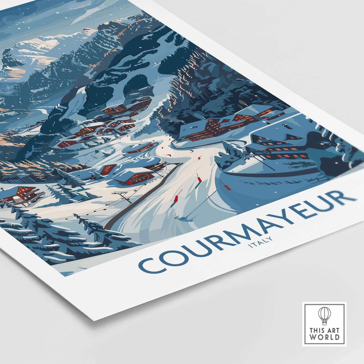 Courmayeur ski print showcasing the snowy slopes and vibrant colors of Italy, perfect for ski enthusiasts.