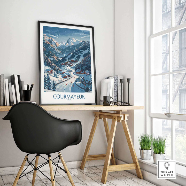 Courmayeur ski print displayed in a modern home office, showcasing vibrant mountain art and a stylish workspace.